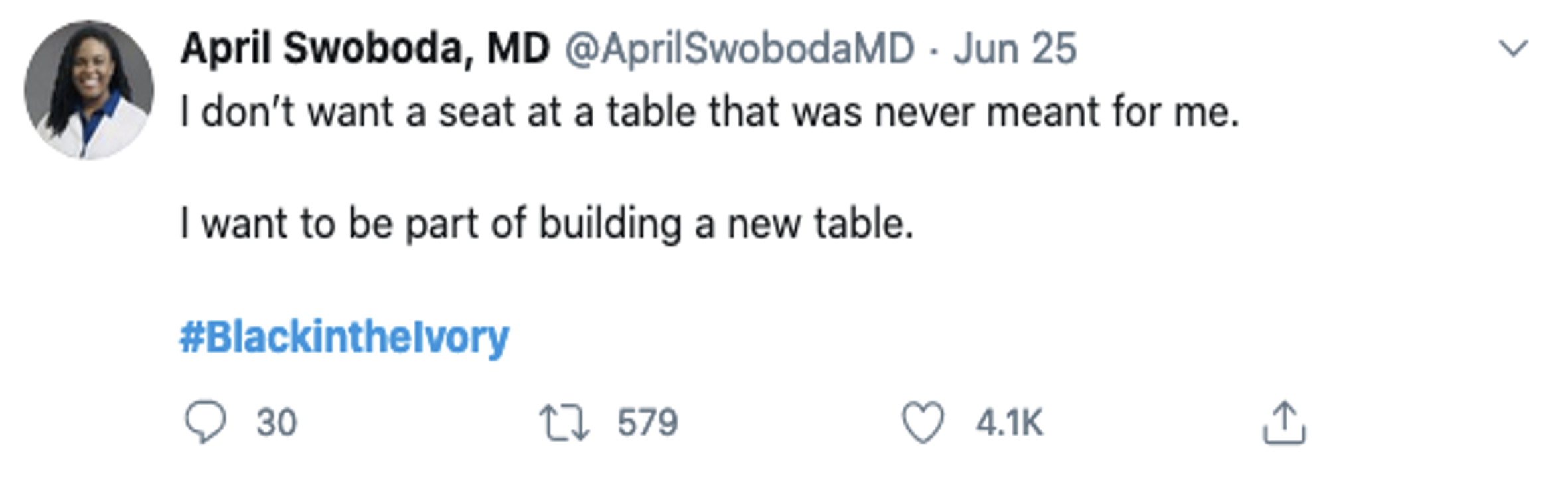 Screenshot of Tweet by April Swoboda, MD:  I don't want a seat at a table that was never meant for me.  I want to be part of building a new table. #BlackintheIvory