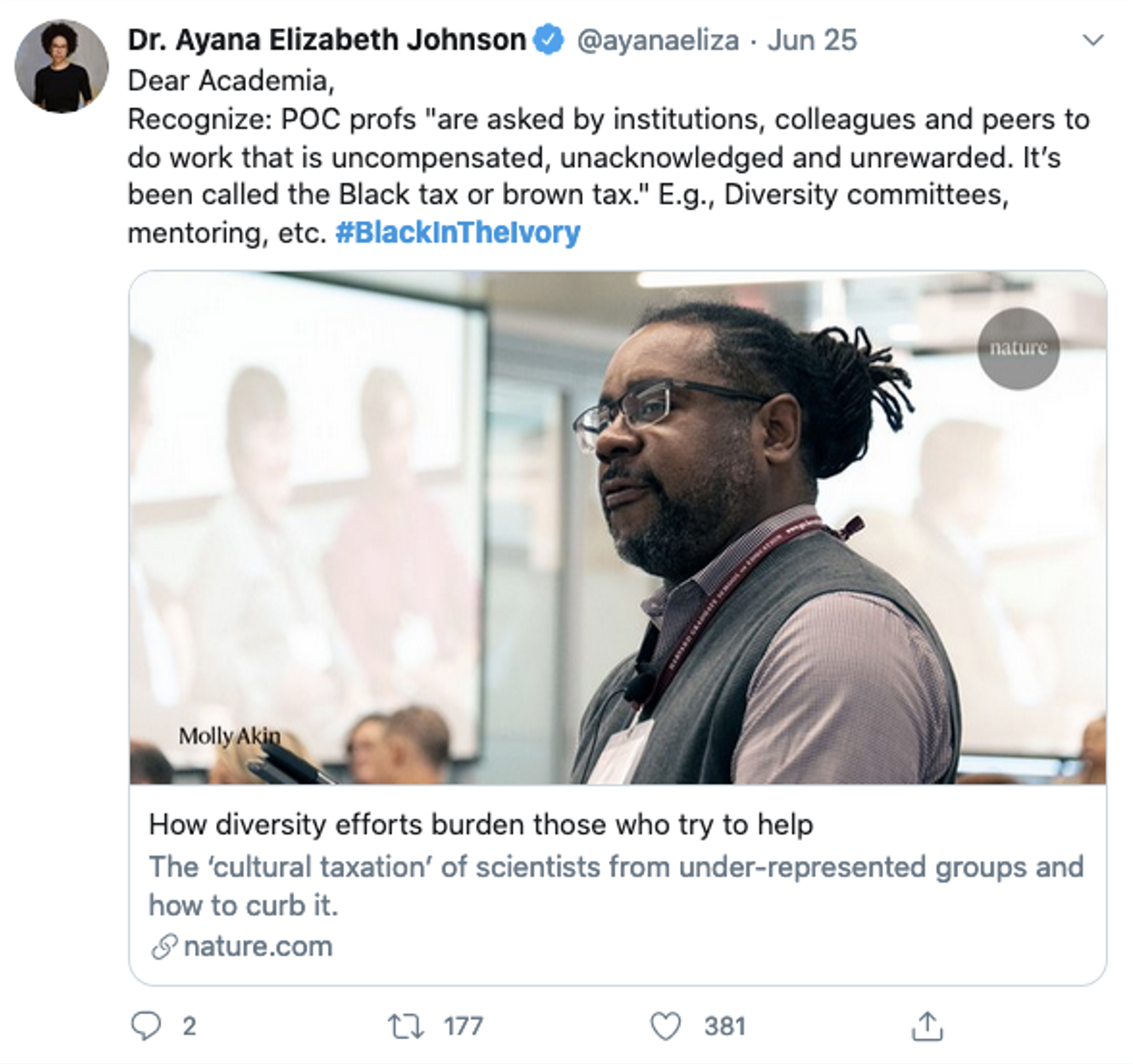 Screen Shot of tweet by Dr. Ayana Elizabeth Johnson regarding invalidation #BlackintheIvory