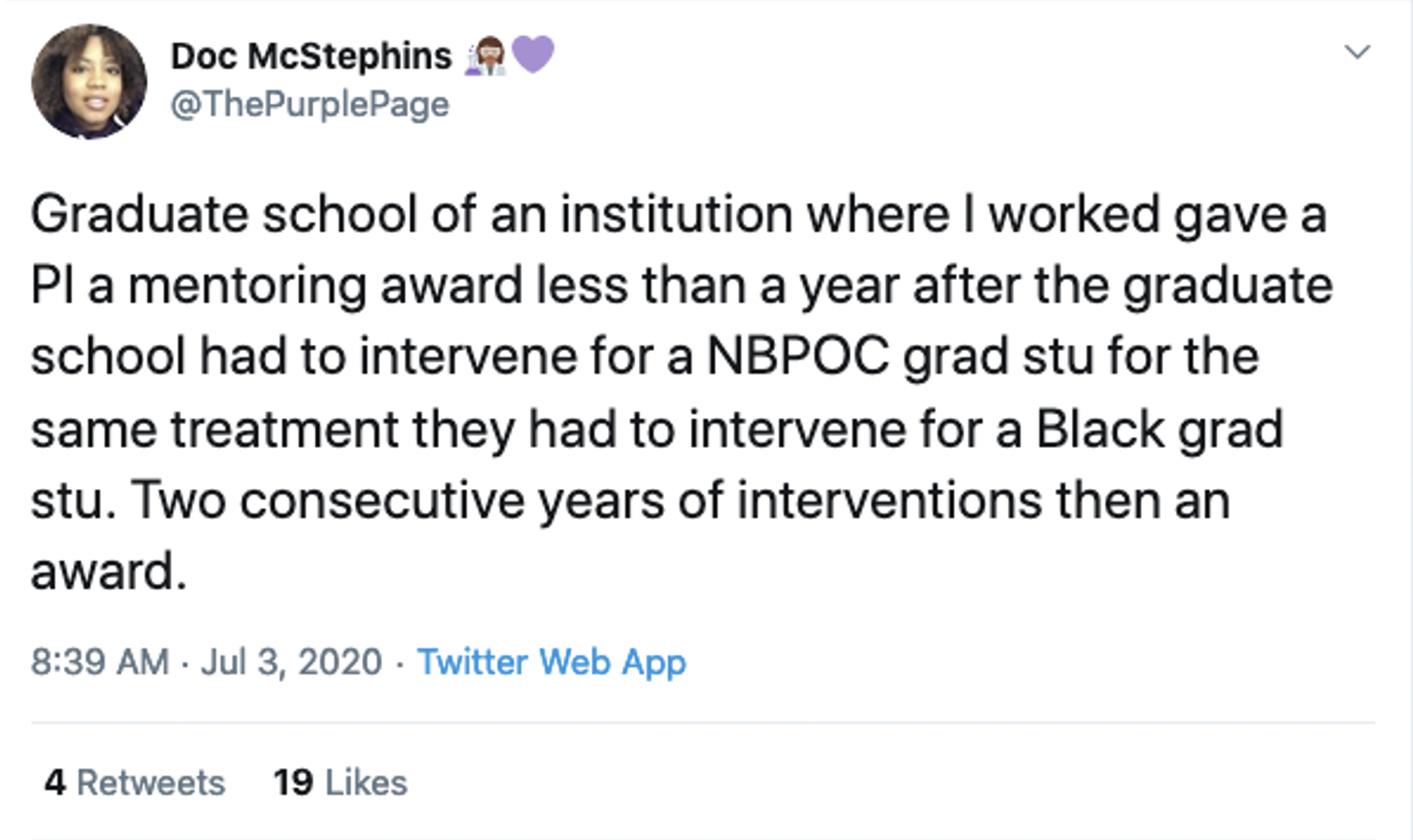 Screen shot of Tweet by Doc McStephins @ThePurplePage regarding harmful mentorship