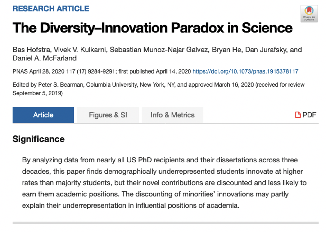 Screen shot of research article: The Diversity-Innovation Paradox in Science