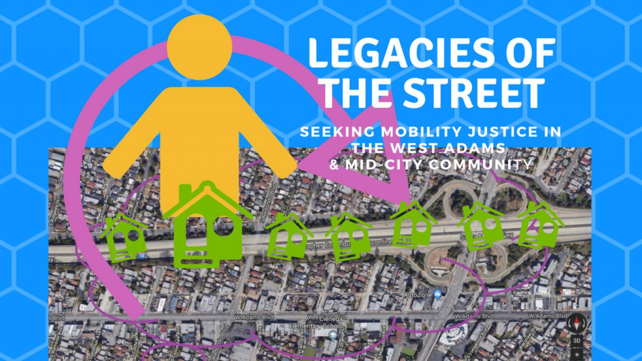 Abstract images of person, arrow, and lines over ariel view of West Adams neighborhood