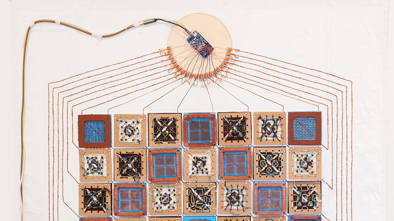 Helen Remick, Daniela Rosner, Samantha Shorey, Brock Craft, "Core Memory Quilt," 2018. Exhibited in The Computer Repays Its Debt: Women Technology And Textiles From 1965 To 1985. Photo: Steve Mann, Black Box Photography Core Memory Quilt, detail.