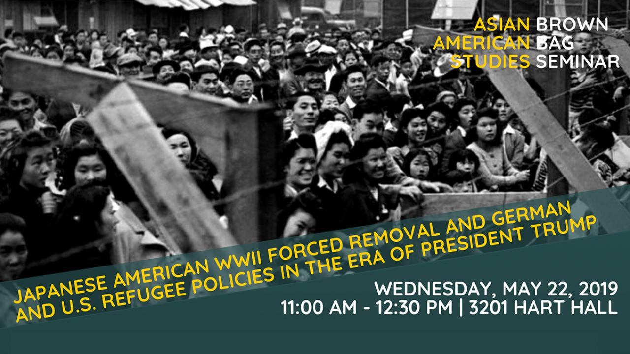 Title banner with crowd behind barbed wire at Tule Lake Segregation Center