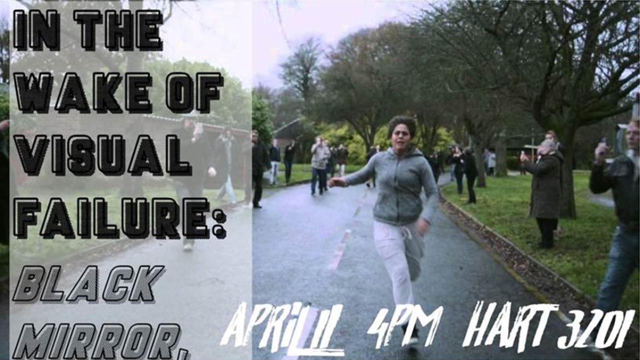 Event title superimposed over photo of woman in sweats running past people filming her on their cell phones