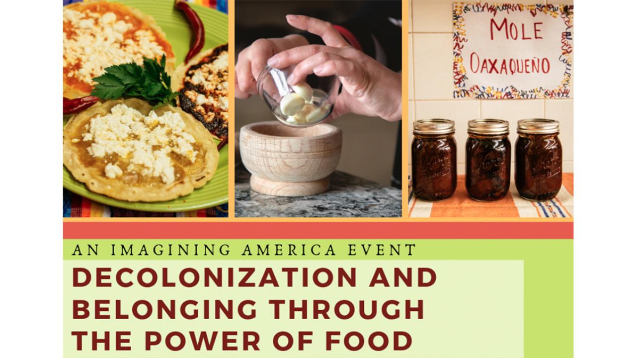 Images of quesadillas, mortar & pestle, and mole. Text of event announcement.