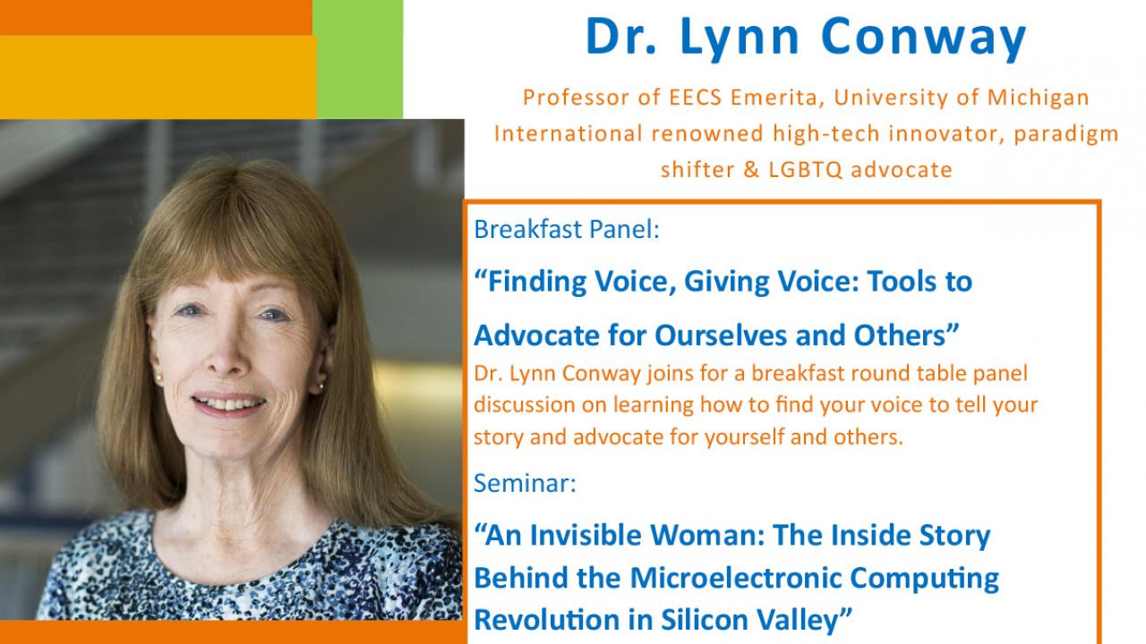 Dr. Lynn Conway event banner, includes a headshot and announcement