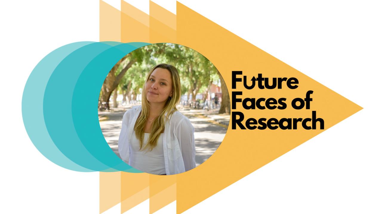Future Faces of Research graphic: overlapping teal circles and yellow arrows, centered around round photo of author Ellie Legg
