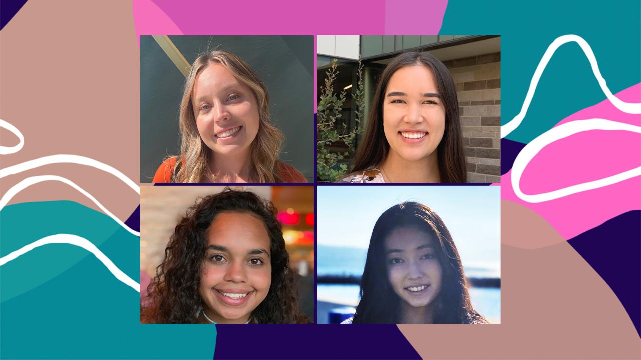 Headshots of Ellie Legg, Emily Htway, Rania Gadnis, Serena Broome arranged in square grid against colorful background