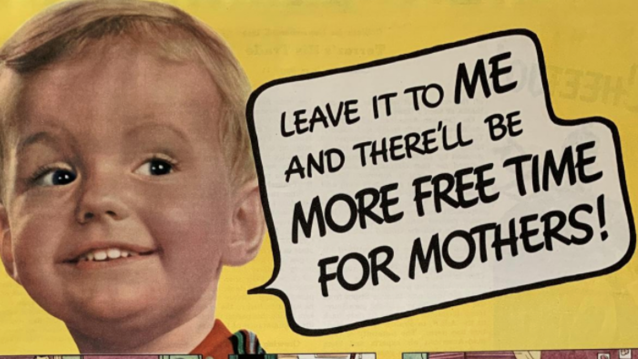 In an advertisement for home appliances from the 1940s, a smiling boy is pictured on a yellow background, with a text bubble saying: "Leave it to me and there'll be more free time for mothers!"