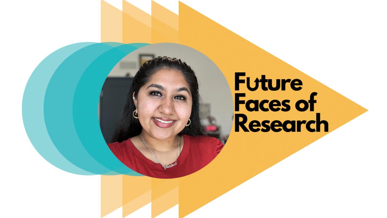 Center: circular headshot of Yutikaa Saini. Left: overlapping teal circles. Right: text reads "Future Faces of Research." Background: overlapping yellow-orange triangles pointing right, against white background