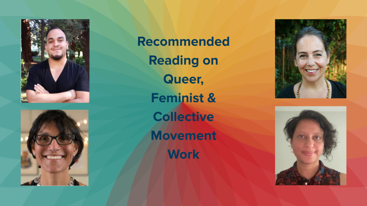 Four portraits of diverse individuals against a colorful sunburst background, with text overlay.