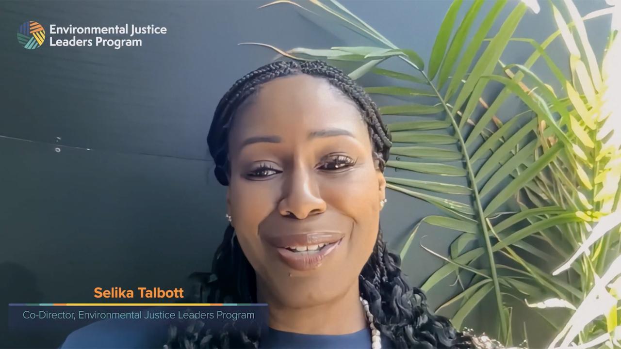 Video screen capture of EJ Leaders Program introductory video, showing Selika Talbott, co-director of the program