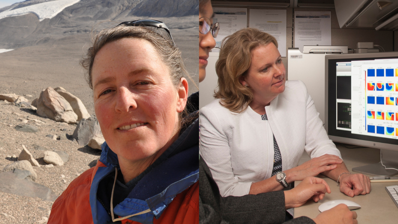 Dawn Sumner in the field in Antarctica (left) and Colleen Clancy in the Clancy Lab at UC Davis Health