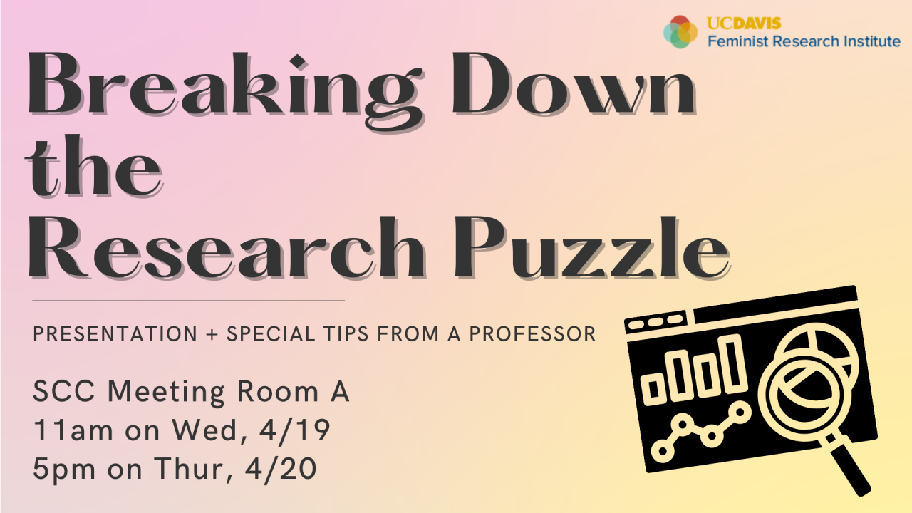 Breaking Down the Research Puzzle. Presentation + Special Tips from a Professor. SCC Meeting Room A, 11am on Wed 4/19, 5pm on Thu 4/20.