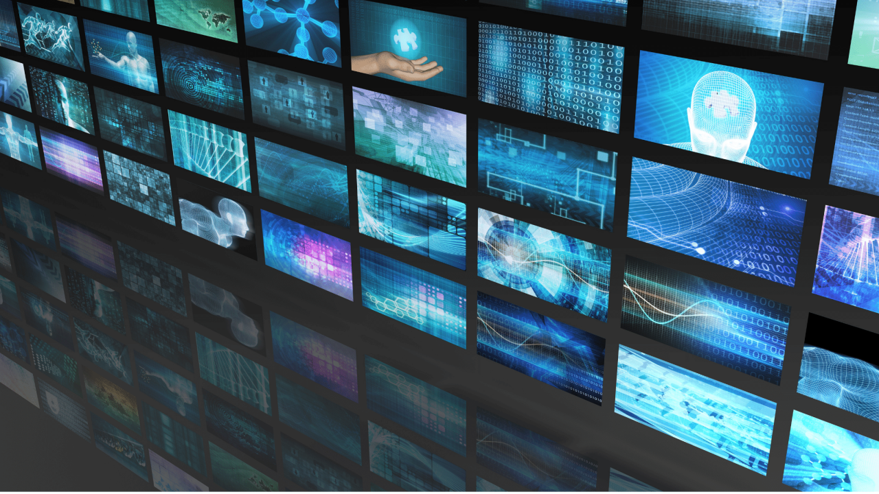 Multiple screens showing different scenes