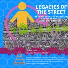 Abstract images of person, arrow, and lines over ariel view of West Adams neighborhood
