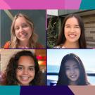 Headshots of Ellie Legg, Emily Htway, Rania Gadnis, Serena Broome arranged in square grid against colorful background
